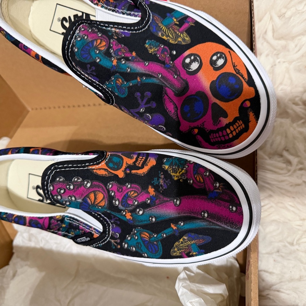Vans Slip-On Sneakers - Black with Colorful Skull Design - Picture 2 of 3
